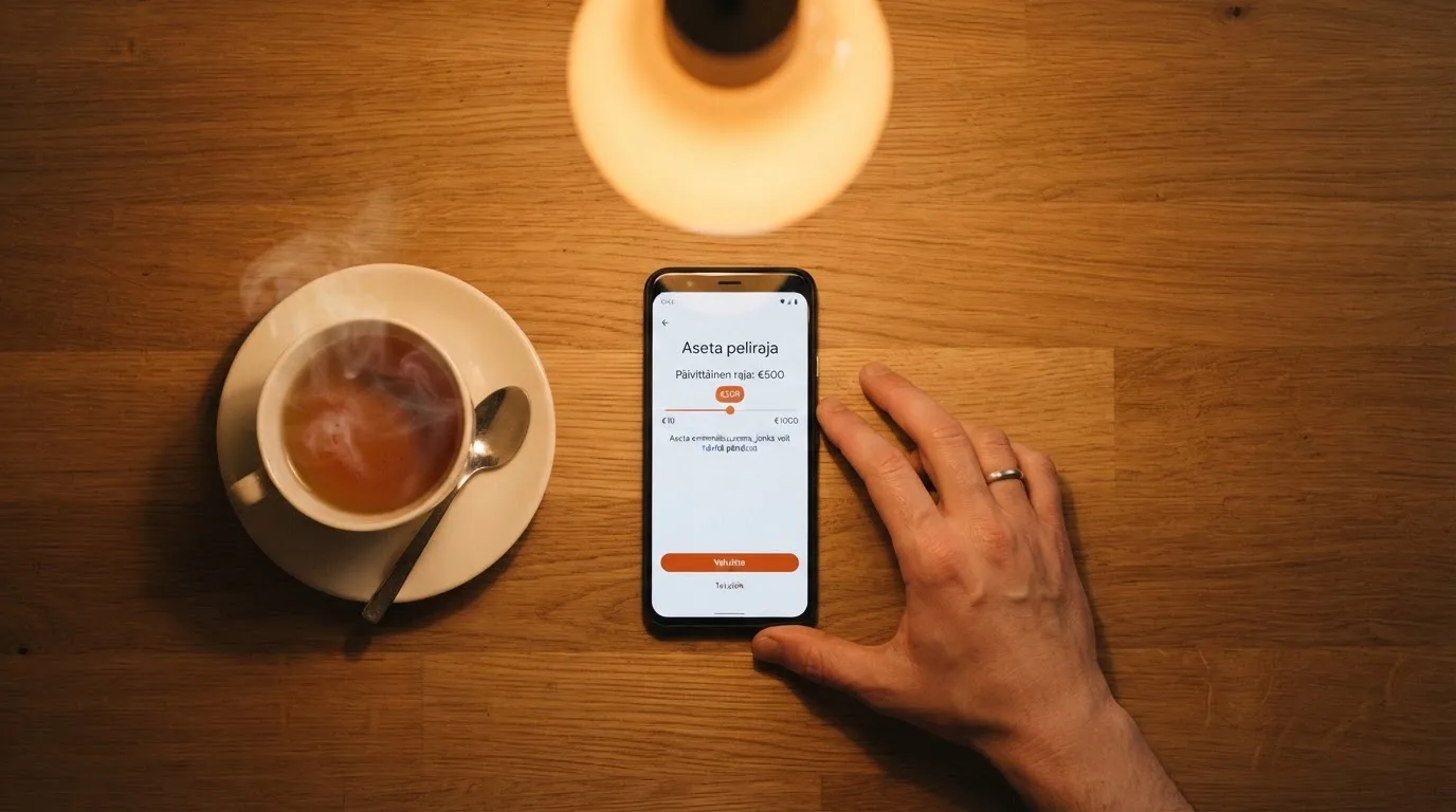 Käsi pitää puhelinta teekupin vieressä keittiön pöydän ääressä rauhallisena iltana — 10 parasta kasinoa suomalaisille