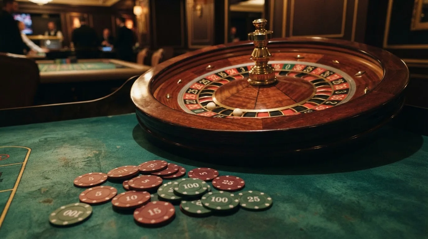 Rulettipyörä ja pelimerkit vihreällä huovalla lämpimässä iltavalossa — casino ventti