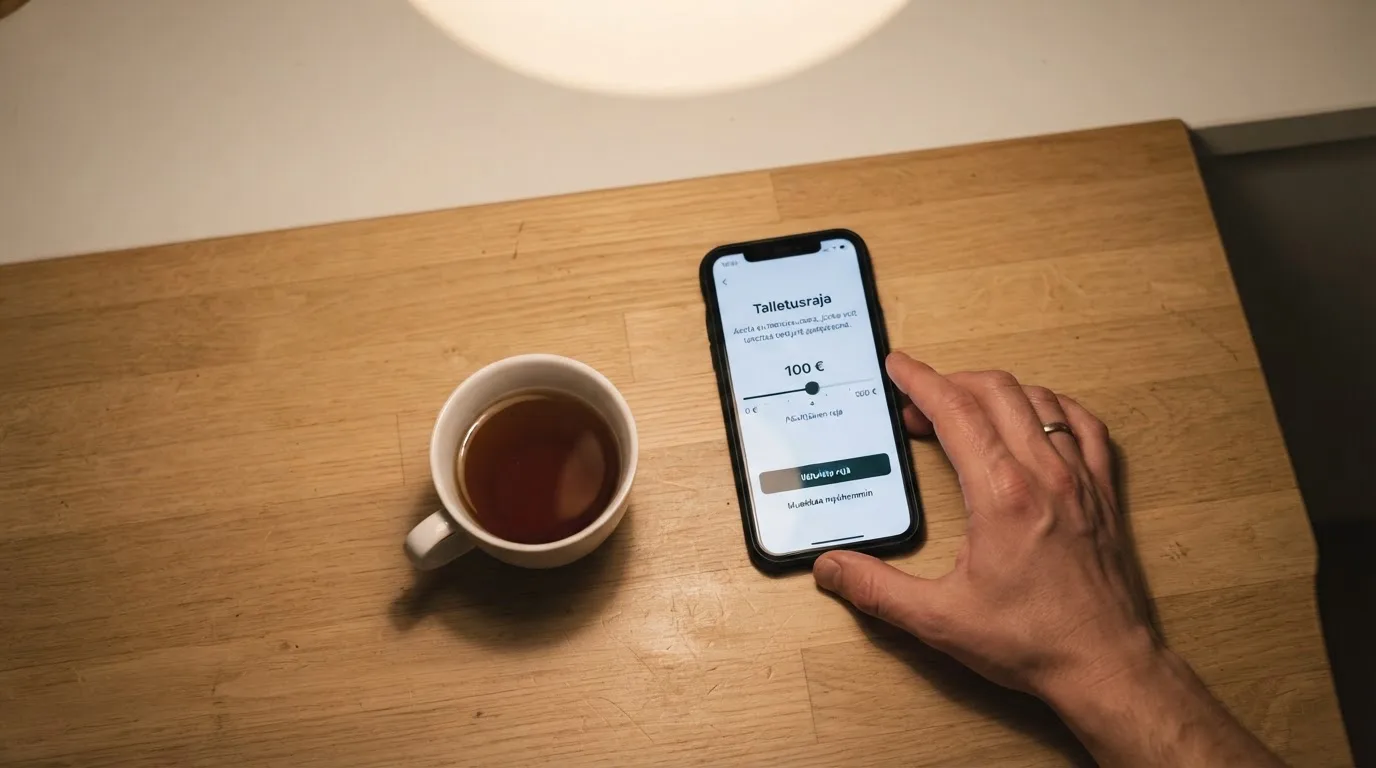 Käsi pitää puhelinta teekupin vieressä keittiön pöydän ääressä rauhallisena iltana — kaikki suomalaiset nettikasinot