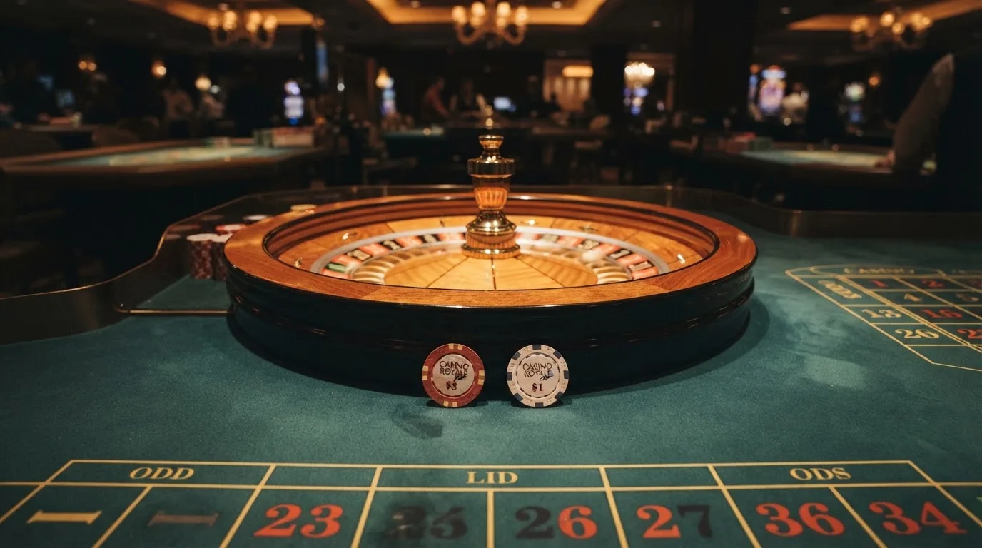 Rulettipyörä ja pelimerkit vihreällä huovalla lämpimässä iltavalossa — kolikkopelit casino pelit