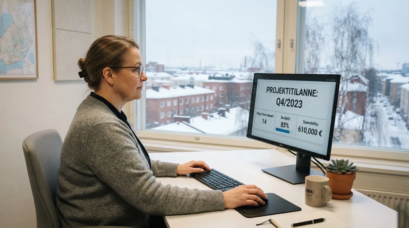 Virkailija istuu vaaleassa virastohuoneessa tietokoneen ääressä, ikkunasta näkyy talvinen kaupunkimaisema.