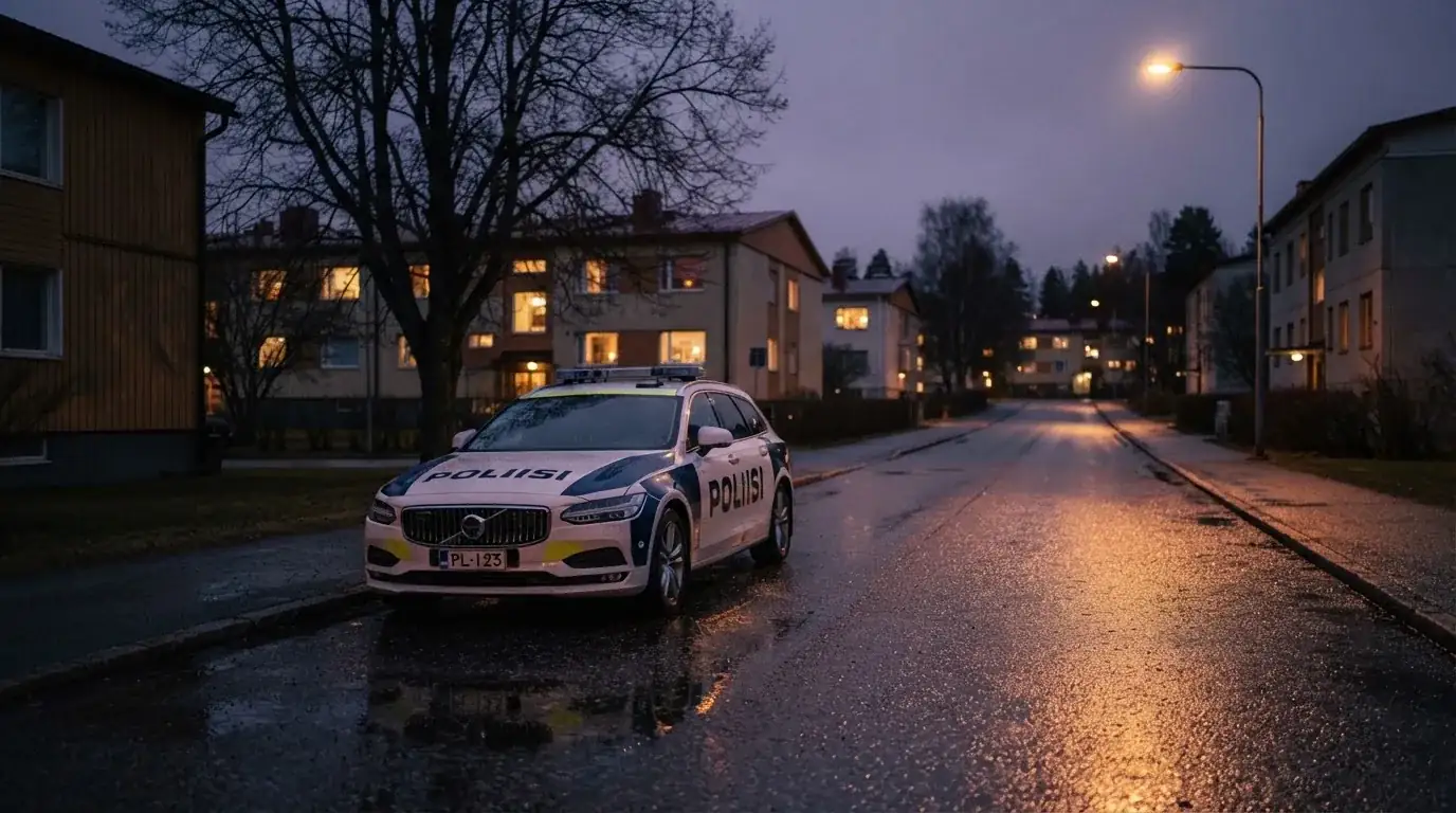 Poliisiauto pysäköitynä hiljaiselle kadulle iltahämärässä, valot heijastuvat kostealta katupinnalta autioksi jääneellä alueella.