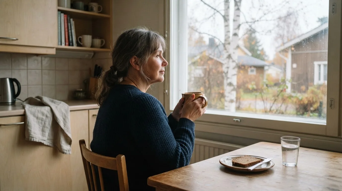 Henkilö istuu keittiön pöydän ääressä teekupin kanssa katsellen ulos ikkunasta rauhallisena aamuna.